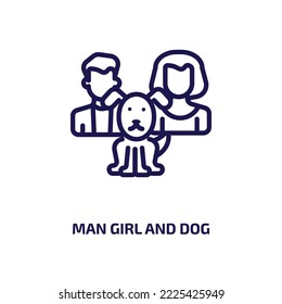 man girl and dog icon from people collection. Thin linear man girl and dog, woman, man outline icon isolated on white background. Line vector man girl and dog sign, symbol for web and mobile