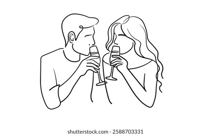 Man and girl drink, continious line art on white background. Hands toasting with wine glasses with drinks. Cheers toast festive decoration for holidays. Vector illustration