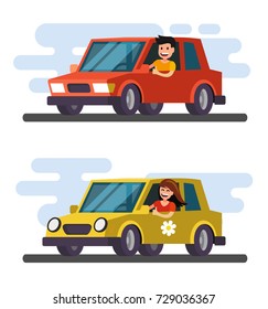 Man And Girl Driving Car. Vector Flat Design Cartoon.