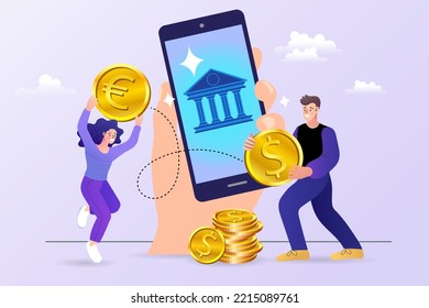 Man and girl exchange dollars for euros. Currency exchange concept. international trade and consequences of globalization. Economics and business finance. Cartoon flat vector illustration.