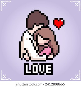 Man and girl in fall in love in 8 bit pixel art. People in pairs for cross stitch pattern in vector illustration.