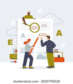 Man and girl fill out form. Editors proofread article, error correction, exam. Grammar, mistakes in paper test. Magnifying glass and pencil. Cartoon vector illustration isolated on white background