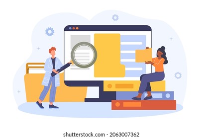 Man and girl in front of monitor. Employees study information, colleagues check file folders. Analytical department, work with documents, digital technologies. artoon flat vector illustration