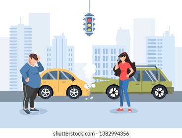 Man And Girl Had A Traffic Accident. Motor Insurance. Girl Calling By Cell Phone. Flat Vector Illustration. Buildings Background.