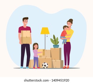 Man  and girl hold boxes. Moving.  Woman holding baby. Vector flat style illustration