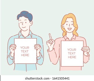 Man and Girl holds a white sheet in hands. An office worker shows a blank sheet. Hand drawn style, vector illustrations.