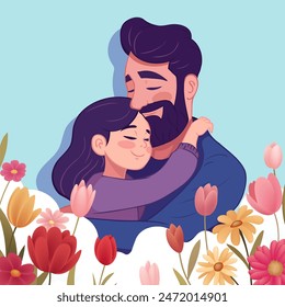 a man and a girl hugging in a garden of flowers