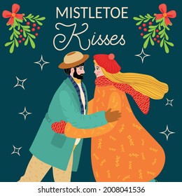 A man and a girl are hugging, a kiss under the mistletoe, the couple congratulates each other on the winter holidays. Christmas and Happy New Year illustration. Trendy retro style, design template.