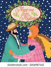 A man and a girl are hugging, a kiss under the mistletoe, the couple congratulates each other on the winter holidays. Christmas and Happy New Year illustration. Trendy retro style, design template.
