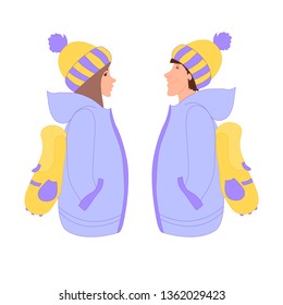 a man and a girl in a jacket and a hat with a backpack