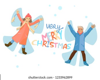 Man and girl lying on snow and making snow angels. Bestfriends rejoice to snow. Friendship and spending time together. Merry Christmas or winter holiday card. Vector cute cartoon illustration.
