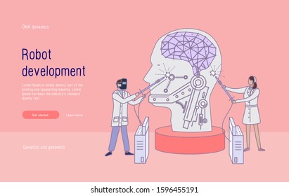 Man & girl make robot
Science future. Development and analysis artificial intelligence with learning DNA structure in medical molecular space & technologies computers systems. Vector Illustration.