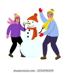 man and girl make a snowman. Winter vector illustration in flat style.