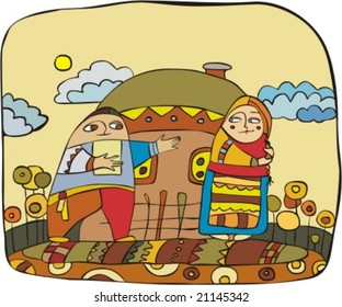 man and girl near  house. Ethnic theme