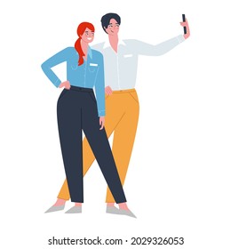 Man And Girl In Office Style Making Photo Video On Phone. Flat Vector Illustration.