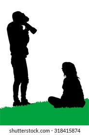 Man and girl with photo camera on white background