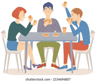 Man and girl playing cards, excited friends having good time together sitting at table at home. Concept of entertainment, relaxation, partying. Spending evening together. Quarantine at home, in family