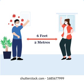 man and girl practicing a prevention tips to protecting self from corona virus covid-19 with keep social distancing. Infographic vector illustration