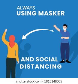 man and girl practicing a prevention tips to protecting self from corona virus covid-19 with keep social distancing. Infographic vector illustration
