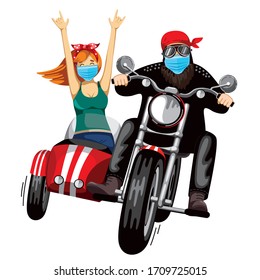 Un hombre y una chica corren en una motocicleta roja con sidecar. máscara facial. Fondo blanco. Ilustración vectorial.