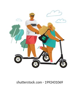 Man and a girl ride on urban electric scooters isolated on white. Couple travels on eco-friendly transport in city. Banner concept of the scooter rental. Summer adventure. Cartoon vector illustration