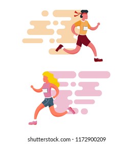 man and girl running with effect. flat design vector. boy and girl
