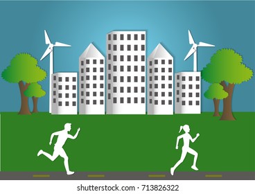 A man and a girl is running in the green park. Paper art.