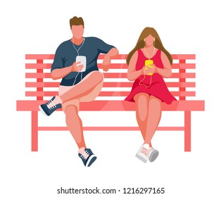 Man and girl sitting on bench. Man and woman listening music. Vector Illustration