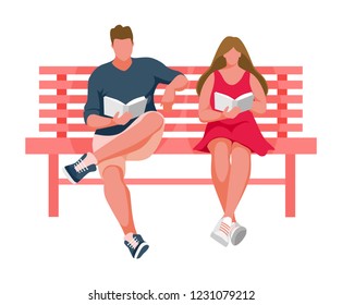 Man and girl sitting on a bench. Guy reading book. Woman reading book. Vector Illustration