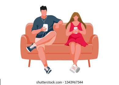 Man And Girl Sitting On The Sofa. Girl Using Mobile Phone. Man Listening Music From A Smartphone. Vector Illustration