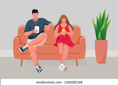 Man and Girl sitting on the sofa. Man listening music from a smartphone. Girl listening music from a smartphone. Vector illustration.