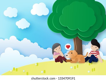 man and girl sitting with them lovely dog, under the tree in open garden, dog love them. paper art style vector illustration.