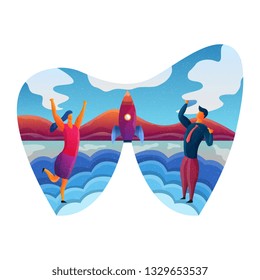 a man and girl team happy for startup, company profit goes up , successful, rocket flying take off, share  Vector Illustration for Website and Mobile Website