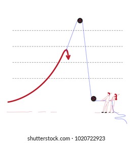 Man and girl try to lift graph with ropes and pulley. Illustration,vector.