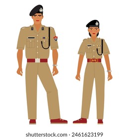 man and girl in the uniform of an Indian policeman isolated on a white background. couple of young men dressed as an Indian policeman. flat cartoon-style drawing. stock vector illustration. EPS 10.