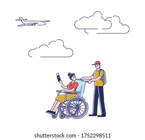 Man and girl in wheelchair walking to board plane. Male helping invalid woman holding ticket and passport in airport. Disabled passenger travel concept. Linear vector illustration