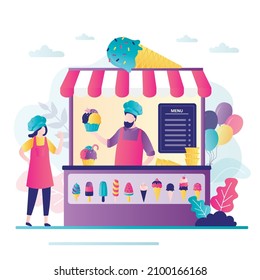 Man and girl work as sellers in local store. Different types of ice cream on shop window. Small business. Businessman holds delicious cold dessert in cup. Kiosk with sweets. Flat vector illustration