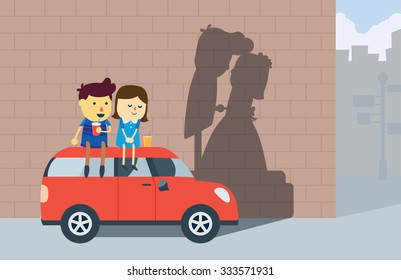 A man and girlfriend sitting on car roof for drinking water and chit chat which back of they had shadow of bridal pair with wedding.