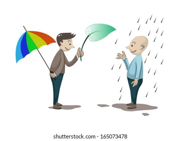 man give the big leaf for rain protection to person