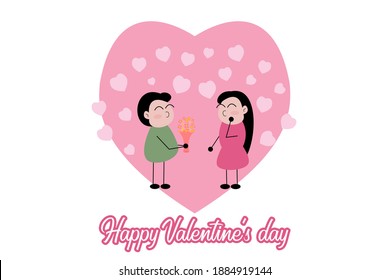 Man give bunch of flowers to his girlfriend. Expressing love, Lover's relationship, Design for Valentine's day festival on pink background, Valentine's day concept, Vector illustration.