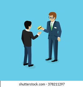 Man give credit card icon isometric. Payment finance, pay and buy, money concept illustration