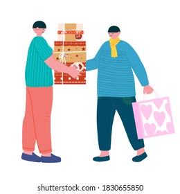 A man and a man give each other gifts for Christmas or birthday. 