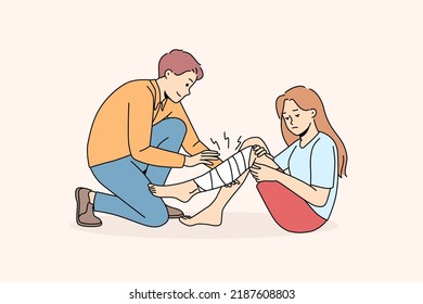 Man Give First Aid To Hurt Girl With Leg Injury. Male Volunteer Help Little Child Broke Leg Outdoors, Put Bandage. Vector Illustration. 