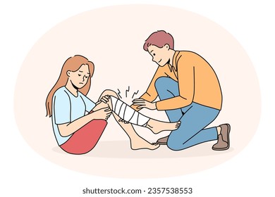 Man give first aid to hurt girl with leg injury. Male volunteer help little child broke leg outdoors, put bandage. Vector illustration.