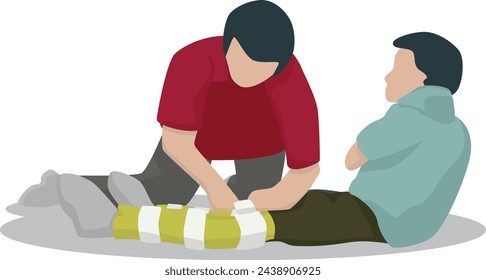 Man give first aid to hurt boy with leg injury. Male volunteer help young man broke leg outdoors, put bandage. Vector illustration.