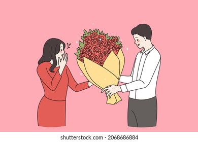 Man Give Flowers Congratulate Happy Woman Lover For Valentine Day. Loving Boy Greeting Girl Make Surprise With Floral Bouquet. Dating, Couple Relationships Concept. Flat Vector Illustration. 