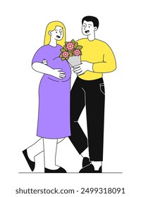 El hombre le da flores a la mujer. Un chico joven le da un ramo a una chica embarazada. Amor y romance. Presente y sorpresa. Novia y novio. Ilustración vectorial lineal aislada sobre fondo blanco