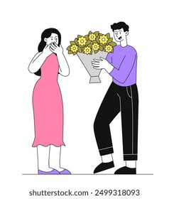 El hombre le da flores a la mujer. El chico joven le da ramo a la chica. Amor y romance. Presente y sorpresa. Tarjeta de felicitación del día de San Valentín. Ilustración vectorial lineal aislada sobre fondo blanco