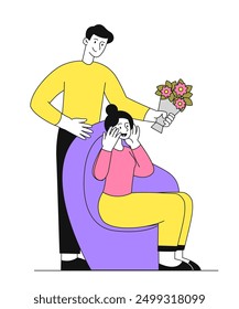 El hombre le da flores a la mujer. El chico joven le da ramo a la chica. Amor y romance. Presente y sorpresa. Elemento gráfico para Sitio web. Ilustración vectorial lineal aislada sobre fondo blanco