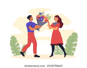 El hombre le da flores a la mujer. El chico joven le da ramo a la chica. Amor, cuidado y romance. Celebración de San Valentín. Pareja en una cita romántica. Ilustración vectorial plana aislada sobre fondo blanco